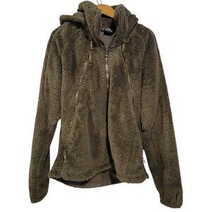 Kuhl Flight Fleece Jacket Womens Large Brown Stowaway Hood Thumbholes Pockets